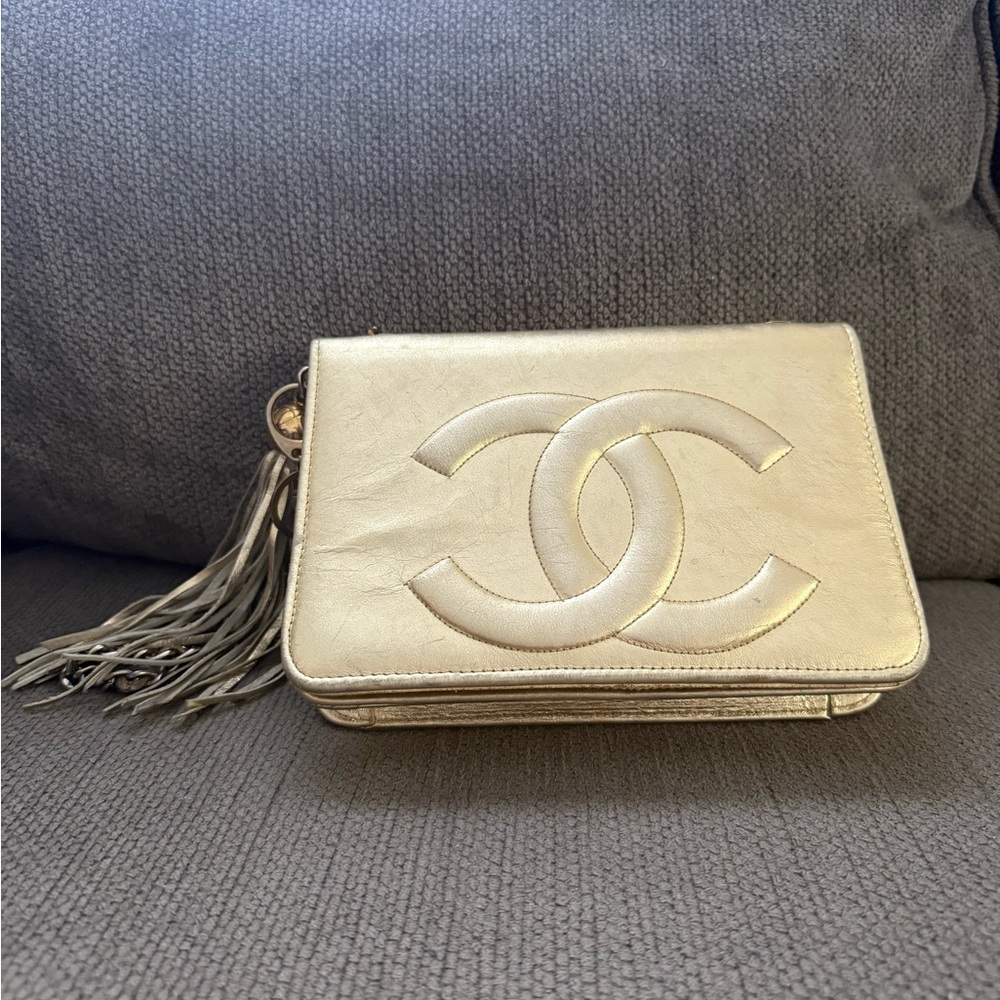 CHANEL Metallic Gold Clutch with Tassel